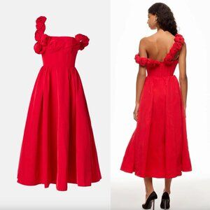 Rachel Gilbert Henley Strap Maxi Dress in Red Floral Formal Off Shoulder Gown